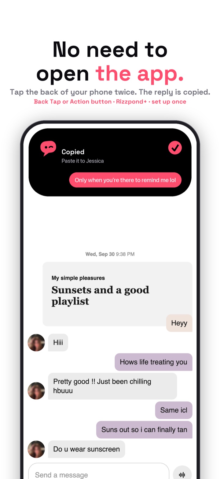No need to open the app. The Dynamic Island shows Wink: Copied, paste it to Jessica, with the reply over the chat.